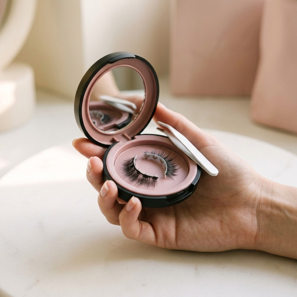 Lash me up Case mit Spiegel, Magnetwimpern und Applikator in der Hand