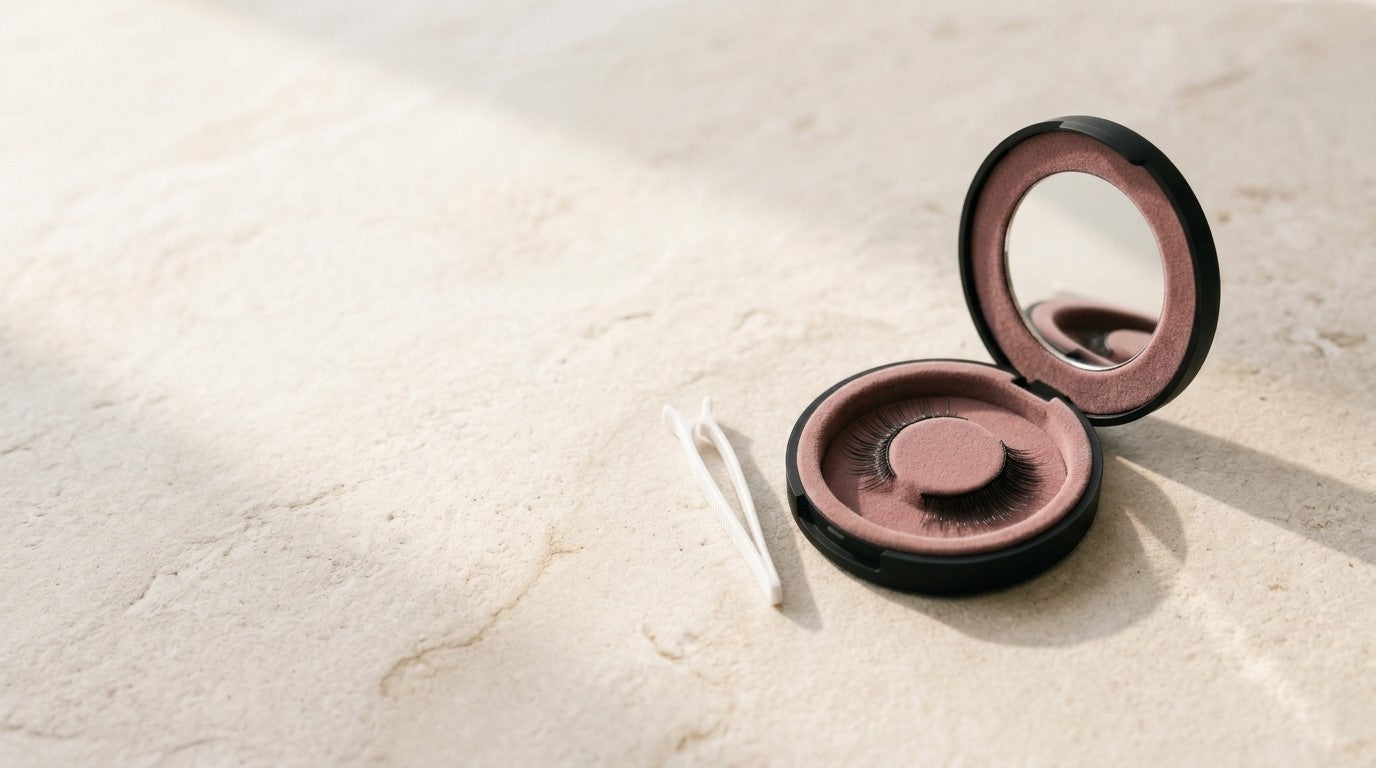 Lash me up Case mit Spiegel, Wimpern und Applikator im Morgenlicht