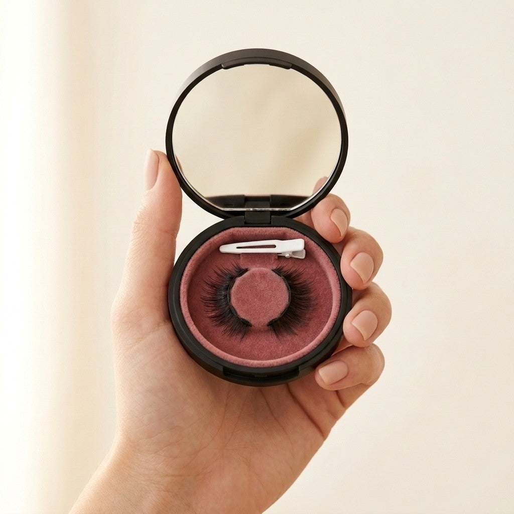 Lash me up Case mit Spiegel, Magnetwimpern und Applikator in der Hand